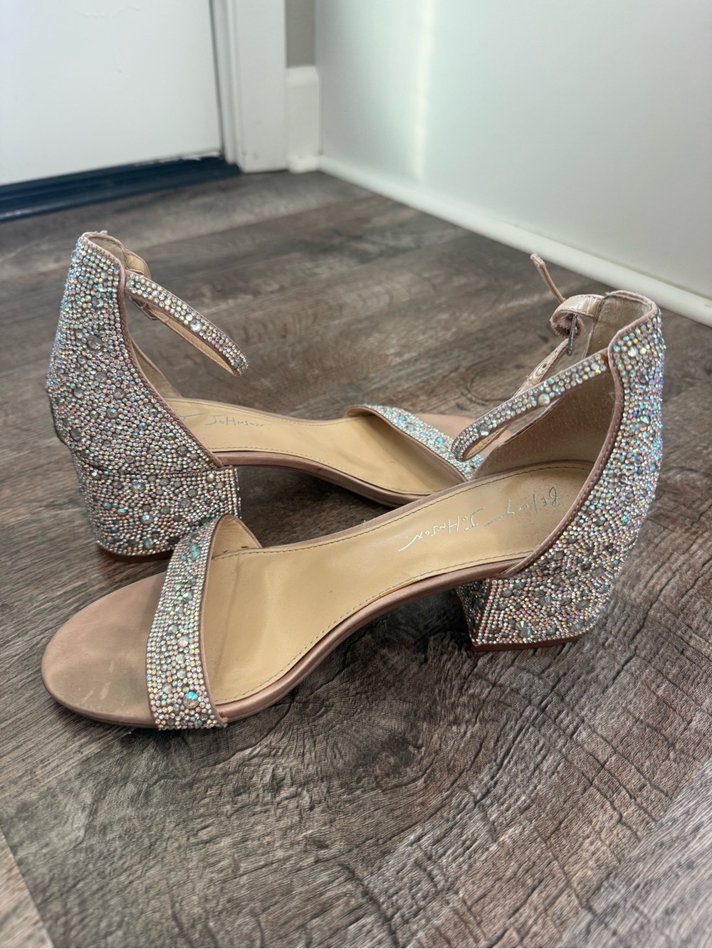 Betsey Johnson Beige Rhinestone Ankle Strap Block Heel Sandals Women's 8.5